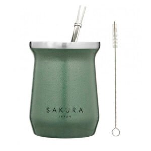 Mate Sakura verde acero con bombilla y limpiador